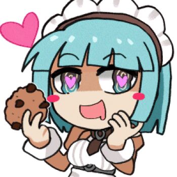 1girl :d alty_(ragnarok_online) animated animated_gif apron blue_eyes blush_stickers bouncing_breasts breasts brown_dress brown_necktie chibi chibi_only chocolate_chip_cookie chorvaqueen cookie dress drooling food heart heart-shaped_pupils holding holding_cookie holding_food kafra_uniform looking_at_viewer looping_animation lowres maid maid_headdress medium_breasts mouth_drool necktie open_mouth ragnarok_online shaded_face short_hair simple_background smile solo symbol-shaped_pupils upper_body white_apron white_background