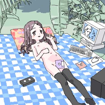 1girl aliasing black_thighhighs brown_eyes brown_hair computer computer_keyboard computer_mouse convenient_censoring crt dot_nose dutch_angle female_focus flat_chest floppy_disk from_above lokulo_no_mawashimono loli long_hair looking_at_viewer lowres lying matching_hair/eyes monitor mousepad_(object) no_shoes nude on_back on_bed parted_bangs pillow plant small_areolae small_nipples solo thighhighs vaporwave videocassette