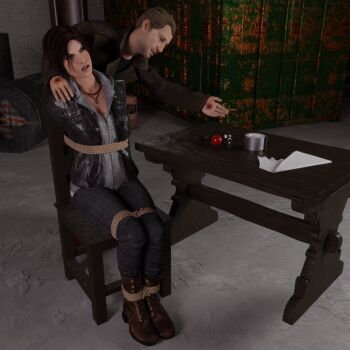 1boy 1girl 3d arms_behind_back ball_gag bdsm bondage bound bound_ankles bound_arms bound_legs breasts brown_eyes brown_hair chair cloth gag imminent_gagging iorel-renders jewelry konstantin lara_croft necklace table tape tied_to_chair tomb_raider tomb_raider_(reboot)