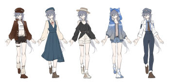 1girl absurdres alternate_costume artist_collaboration black_pants black_shirt blue_dress blue_eyes blue_hat blue_jacket blue_shorts brown_hat brown_jacket brown_necktie brown_shirt brown_shorts commentary crop_top dress english_commentary flat_chest fu_hua grey_hair grey_hat grey_shirt grey_shorts hair_between_eyes hat highres honkai_(series) honkai_impact_3rd hood hood_up hooded_jacket jacket long_hair long_sleeves looking_at_viewer midriff multiple_views navel necktie pants peaked_cap reference_sheet sang_sha shirt shorts simple_background sketch very_long_hair white_background white_jacket white_shirt zelian