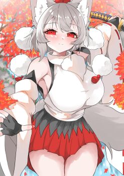 1girl absurdres animal_ears armpits black_gloves black_skirt blush breasts closed_mouth commentary_request cowboy_shot detached_sleeves fingerless_gloves gloves grey_hair hat highres holding holding_sword holding_weapon inubashiri_momiji large_breasts looking_at_viewer outdoors pom_pom_(clothes) red_eyes red_hat red_skirt regua shirt short_hair skirt solo sword tail thick_thighs thighs tokin_hat touhou tree two-tone_skirt weapon white_shirt wolf_ears wolf_girl wolf_tail