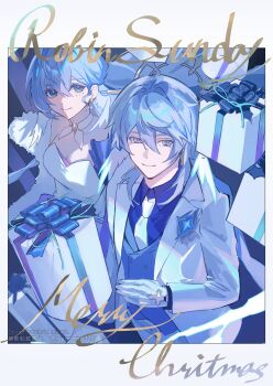 1boy 1girl boat border character_name choker coat collared_shirt commentary_request dress earrings formal_clothes gift gloves halo halo_behind_head head_wings highres honkai:_star_rail honkai_(series) jewelry kukatsuma merry_christmas necktie robin_(honkai:_star_rail) shirt siblings sunday_(honkai:_star_rail) watercraft watermark white_border white_coat white_dress white_gloves white_necktie wings