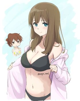 Rule 34 | 2girls, absurdres, alternate costume, bare shoulders, bikini, black bikini, blue eyes, blush, breast envy, breasts, brown eyes, brown hair, casyu nut, cleavage, closed mouth, collarbone, hibike! euphonium, highres, jacket, kuroe mayu, large breasts, long hair, looking at viewer, multiple girls, navel, open clothes, open jacket, oumae kumiko, short hair, smile, stomach, swimsuit