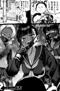 3girls ammunition_belt black_gloves black_jacket black_sailor_collar black_shirt black_skirt blue_archive blunt_bangs blush chest_sarashi doodle_sensei_(blue_archive) fingerless_gloves girl_on_top gloves greyscale highres jacket jazz_(fukukan) long_hair looking_at_another mask mask_pull monochrome mouth_mask multiple_girls open_mouth ponytail ribbon sailor_collar sarashi sensei_(blue_archive) shirt sidelocks skirt staring sukeban_(mg)_(blue_archive) sukeban_(smg)_(blue_archive) sukeban_(sr)_(blue_archive) surgical_mask teeth to_be_continued twitter_username upper_teeth_only white_ribbon you_gonna_get_raped