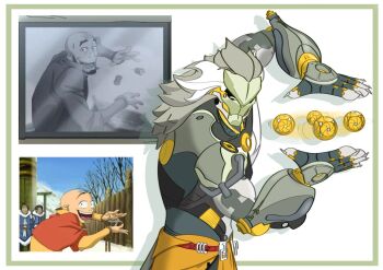 1boy aang anthony_(starstorm_48) arm_up avatar:_the_last_airbender avatar_legends ball banyue_(zenless_zone_zero) commentary drop_shadow grey_hair katara long_hair male_focus multicolored_hair robot simple_background sokka the_legend_of_korra two-tone_hair upper_body white_background white_hair zenless_zone_zero