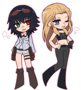 Rule 34 | 2girls, black pants, blonde hair, blue eyes, boots, crop top, deformed, devil may cry, devil may cry (series), devil may cry 4, eyewear on head, green eyes, hands on own hips, heterochromia, iluvmyhamster69, jacket, jewelry, lady (devil may cry), midriff, multiple girls, necklace, one eye closed, pants, red eyes, shorts, simple background, smile, thigh strap, tinted eyewear, trish (devil may cry), white background, white jacket, white shorts