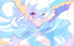 Rule 34 | 1girl, blue hair, braid, breasts, cleavage, closed mouth, crossed bangs, falling petals, fate/grand order, fate (series), hair between eyes, highres, horns, large horns, long hair, looking at viewer, medium breasts, petals, pink eyes, pink petals, pointy ears, shrug (clothing), simple background, smile, solo, symbol-shaped pupils, tiamat (fate), tsukumo kyouko, upper body, white background, wind, x-shaped pupils