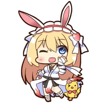 1girl :d animal_ears arm_wrap belt bird black_belt black_shorts blonde_hair blue_eyes blush canvas_texture chibi chibi_only commentary_request cross cross_necklace foot_wraps frilled_hairband frills full_body hair_ornament hairband heart heart_hair_ornament highres jewelry long_hair looking_at_viewer necklace official_alternate_costume one_eye_closed open_mouth poring rabbit_ears rabbit_tail ragnarok_online red_hairband shirt shizukushigure shorts simple_background smile solo standing sura_(ragnarok_online) tail very_long_hair waving white_background white_shirt