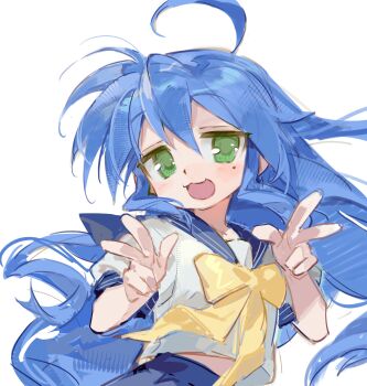 1girl :3 absurdres ahoge blue_hair blue_sailor_collar blue_skirt blush bow bowtie commentary double_v flat_chest green_eyes hair_between_eyes happy_birthday highres huge_ahoge izumi_konata kuroyishi_raiko long_hair looking_at_viewer lucky_star midriff_peek mole mole_under_eye open_mouth sailor_collar school_uniform serafuku short_sleeves sidelocks simple_background skirt smile solo upper_body v white_background yellow_bow yellow_bowtie