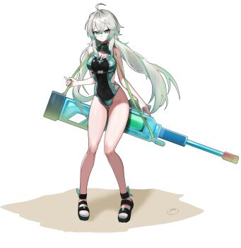 1girl absurdres alternate_costume bare_shoulders black_survival breasts cleavage_cutout clothing_cutout eternal_return:_black_survival full_body green_eyes green_hair grey_hair highres katja_(black_survival) knees_together_feet_apart long_hair medium_breasts multicolored_hair one-piece_swimsuit pyogo sandals solo swimsuit two-tone_hair water_gun