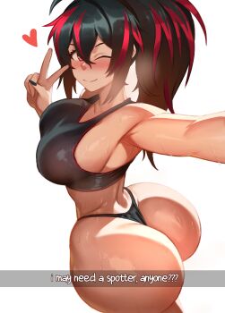 1girl ;) absurdres ass black_hair black_panties black_sports_bra commentary english_commentary english_text heart highres long_hair multicolored_hair one_eye_closed panties ponytail red_eyes red_hair selfie simple_background smile solo sports_bra streaked_hair two-tone_hair underwear v walid_zouirech white_background zenless_zone_zero zhu_yuan