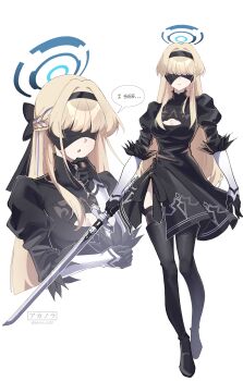 1girl 2b_(nier:automata) absurdres akanora black_bow black_dress black_gloves black_hairband black_shoes black_thighhighs blindfold blue_archive blue_halo bow braid breasts cleavage cleavage_cutout closed_mouth clothing_cutout commentary dress elbow_gloves gloves hair_bow hairband half_up_braid halo hand_on_own_chin highres holding holding_sword holding_weapon juliet_sleeves katana long_hair long_sleeves looking_at_viewer nier:automata nier_(series) official_alternate_hairstyle open_mouth puffy_sleeves shoes side_slit sidelocks solo sword thighhighs toki_(blue_archive) voice_actor_connection weapon