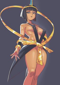 1girl ancient_greek_clothes bare_shoulders black_hair blue_eyes blunt_bangs blunt_ends breasts closed_mouth commentary dark-skinned_female dark_skin eliza_(skullgirls) greco-roman_clothes grey_background hagoromo halterneck hand_on_own_hip highres idarasen large_breasts looking_at_viewer revealing_clothes shawl simple_background skullgirls solo standing
