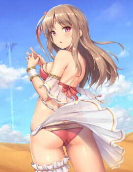 1girl arabian_clothes ass bare_shoulders bikini blush breasts brown_hair cloud cloudy_sky commentary_request cowboy_shot day desert female_focus fingernails floating_island from_behind hair_ribbon halterneck interlocked_fingers jewelry long_fingernails long_hair looking_at_viewer looking_back medium_breasts one_side_up open_mouth original outdoors pink_eyes red_eyes red_ribbon ribbon sasaame see-through_clothes shiny_skin shoulder_blades sideboob sky solo standing swimsuit thigh_strap