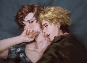 2boys aged_up bill_cipher birthmark bite_mark blonde_hair blush brown_eyes brown_hair dipper_pines earrings facial_mark forehead_mark gravity_falls hickey highres jewelry lips male_focus mouth_hold multicolored_hair multiple_boys nose painterly personification realistic saliva shirt short_hair suikamelony teeth_hold two-tone_hair yaoi yellow_eyes
