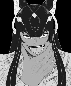 1boy absurdres ancient_egyptian ancient_egyptian_clothes animal_head anubis_(shuumatsu_no_valkyrie) armlet chin_piercing collarbone dark-skinned_male dark_skin face_piercing fangs greyscale hand_on_chin hand_on_own_chin helmet highres jackal_boy jewelry looking_at_viewer male_focus monochrome muscular muscular_male open_mouth pectorals piercing shuumatsu_no_valkyrie solo tongue tongue_out tongue_piercing upper_body usekh_collar