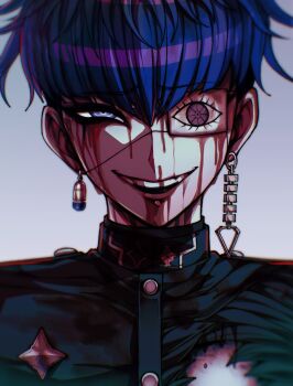 1boy black_jacket blood blood_on_face blue_hair chamuchai commentary_request earrings evil_grin evil_smile eye_print eyepatch face_piercing gakuran grey_background grin highres jacket jewelry labret_piercing last_defense_academy_school_uniform looking_at_viewer male_focus omokage_yugamu piercing print_eyepatch school_uniform short_hair simple_background smile solo the_hundred_line_-last_defense_academy-