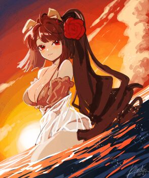 1girl ahoge animal_ears bikini blush breasts brown_hair cleavage commentary dog_ears fate/grand_order fate_(series) flower hair_flower hair_ornament hair_ribbon highres kimidorix32 kyokutei_bakin_(fate) long_hair long_sleeves looking_at_viewer medium_breasts ocean off_shoulder orange_bikini orange_sky ponytail red_eyes red_ribbon ribbon shirt sky smile solo sunset swimsuit symbol-only_commentary twilight very_long_hair wet white_shirt