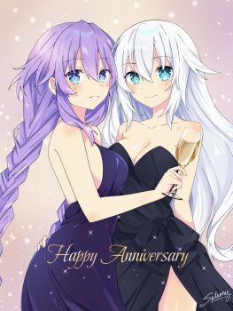 2girls artist_name bare_shoulders black_dress black_heart_(neptunia) blue_eyes braid braided_ponytail breasts cleavage dress grin hair_between_eyes hair_over_shoulder hand_on_another&#039;s_hip happy_anniversary highres large_breasts long_hair looking_at_viewer multiple_girls neptune_(series) power_symbol-shaped_pupils purple_dress purple_hair purple_heart_(neptunia) sleeveless sleeveless_dress smile spleeny symbol-shaped_pupils white_hair