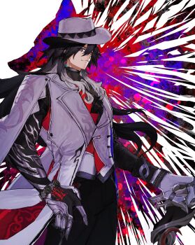 Rule 34 | 1boy, ashveil (honkai: star rail), black hair, black pants, black shirt, cane, commentary, crescent, crescent pin, fedora, gloves, gradient hair, hat, highres, holding, holding cane, honkai: star rail, honkai (series), jacket, jewelry, lapel pin, long hair, male focus, multicolored hair, necklace, pants, purple eyes, shirt, single glove, solo, toi 1, tooth necklace, turtleneck, white gloves, white hair, white hat, white jacket