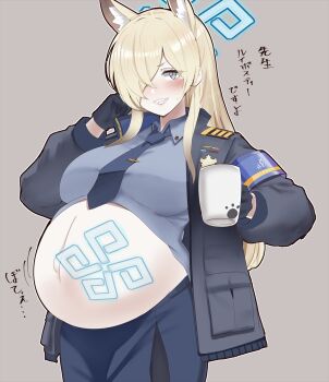 Rule 34 | 1girl, animal ear fluff, animal ears, blue archive, blue halo, breasts, cup, extra ears, gloves, hair over one eye, halo, highres, holding, holding cup, kanna (blue archive), large breasts, long hair, looking at viewer, paundo2, pregnancy halo, pregnant, sidelocks, solo