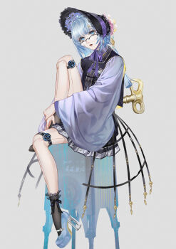 1girl alternate_costume bare_legs black-framed_eyewear black_bonnet black_bow black_dress black_socks black_vest blue_eyes blue_hair blue_shoes bonnet bow bow_legwear crinoline dated dress fishnet_socks fishnets flower from_side full_body glasses grey_background hat hat_flower high_heels highres hugging_own_leg joints labyrinth_(path_to_nowhere) leg_up looking_at_viewer looking_over_eyewear looking_to_the_side mechanical_legs parted_lips path_to_nowhere pink_flower purple_flower robot_joints semi-rimless_eyewear shoes short_dress short_hair signature simple_background sitting socks solo stool tassel vest white_sleeves wide_sleeves winding_key yaoyao_wanhe