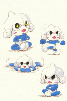 +_+ ame_(regular_badge) black_eyes blush blush_stickers commentary_request crossed_arms diamond_mouth full_body gen_3_pokemon highres lying meditite multiple_views nintendo notice_lines open_mouth own_hands_together pokemon pokemon_(creature) pokemon_focus simple_background sitting traditional_media walking white_background