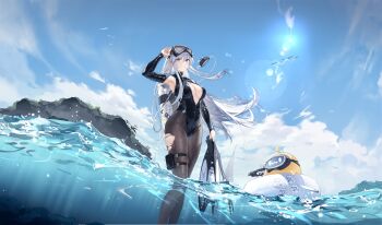 1girl absurdres areola_slip arm_up armpit_cutout armpits azur_lane black_pantyhose black_wetsuit bodysuit breasts center_opening clothing_cutout diving_mask diving_mask_on_head diving_regulator diving_suit enterprise_(azur_lane) enterprise_(diving_under_blue_skies)_(azur_lane) flippers goggles goggles_on_head highleg_springsuit highres kurumi_(recycllamo) large_breasts manjuu_(azur_lane) non-web_source official_alternate_costume official_art oxygen_tank pantyhose purple_eyes revision scuba scuba_gear scuba_tank solo springsuit torn_clothes torn_pantyhose water wetsuit