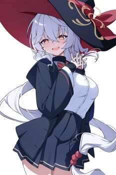 1girl :d black_hat black_jacket black_skirt blue_archive bow bowtie braid breasts button_gap buttons commentary cowboy_shot crossed_bangs diagonal-striped_bow diagonal-striped_bowtie diagonal-striped_clothes eri_(blue_archive) grey_hair hair_between_eyes hands_up hat hat_ribbon high-waist_skirt highres hood hood_down hooded_jacket interlocked_fingers jacket jewelry laevan layered_sleeves long_hair long_sleeves looking_at_viewer medium_breasts miniskirt multiple_rings open_clothes open_jacket open_mouth own_hands_together pleated_skirt red_bow red_bowtie red_hair ribbon ring shirt shirt_tucked_in side_braid simple_background single_braid skirt smile solo standing striped_bow striped_bowtie striped_clothes tented_shirt very_long_hair white_background white_shirt witch_hat yellow_eyes