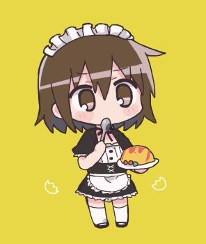 1girl alternate_costume apron black_bow black_bowtie black_dress black_shoes blush_stickers bow bowtie brown_eyes brown_hair chibi chibi_only commentary_request dress enmaided food frilled_apron frilled_dress frills full_body hair_between_eyes holding holding_plate holding_spoon kill_me_baby maid maid_headdress mary_janes omelet omurice oribe_yasuna plate richard_(richaball) shoes short_hair short_sleeves simple_background solo spoon standing thighhighs waist_apron white_apron white_thighhighs yellow_background zettai_ryouiki