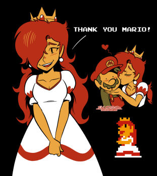 1boy 1girl 8-bit black_background blush brandon_santiago breasts brown_hair covered_eyes crown derivative_work dress earrings eyelashes facial_hair hair_over_eyes hat heart highres jewelry kiss long_bangs long_hair long_sleeves mario mario_(series) mustache nintendo nose_blush open_mouth overalls princess princess_peach red_hair shirt short_hair simple_background smile sprite_redraw super_mario_bros._1 white_dress