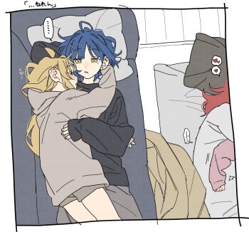 4girls black_sweater blonde_hair blue_hair blush bocchi_the_rock! closed_eyes couch cuddling dayama from_above futon gotoh_hitori grey_hoodie hand_blush heart highres hood hoodie ijichi_nijika kessoku_band kita_ikuyo long_hair multiple_girls on_couch open_mouth parted_lips pillow red_hair short_hair spoken_heart sweater yamada_ryo yellow_eyes yuri