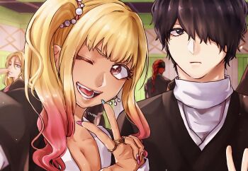 1046sstep_btoh 2boys 2girls abarai_renji black_eyes black_hair black_headband bleach bleach:_epilogue blonde_hair blue_eyes blue_nails braid character_request commentary_request earrings frown gradient_hair gyaru headband jewelry matsumoto_rangiku mole mole_under_eye multicolored_hair multiple_boys multiple_girls multiple_rings one_eye_closed open_mouth pink_hair pink_nails ring side_ponytail sidelocks signature single_braid smile tooth_gap w wavy_hair yayahara_yuyu