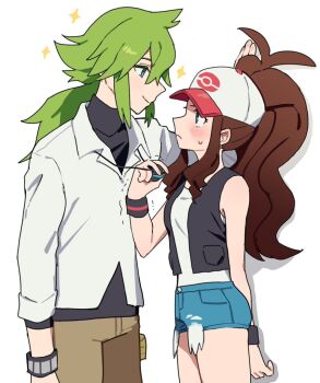 1boy 1girl antenna_hair baseball_cap black_vest blue_shorts brown_hair brown_pants closed_mouth collared_shirt commentary_request exposed_pocket green_hair hat hetero hilda_(pokemon) kabedon kuru_(4rfw7) long_hair looking_at_another n_(pokemon) nintendo pants pokemon pokemon_black_and_white shirt short_shorts shorts sidelocks sleeveless sleeveless_shirt smile sparkle sweatdrop trembling undershirt vest white_shirt wristband