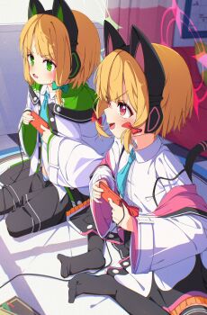 2girls animal_ear_headphones animal_ears black_thighhighs blonde_hair blue_archive blue_necktie blush bow cat_ear_headphones cat_ears cat_tail collared_shirt commentary controller fake_animal_ears fake_tail fang from_side game_controller green_bow green_eyes green_halo hair_bow halo hasu202mm headphones highres holding holding_controller holding_game_controller indian_style indoors jacket knees_out_of_frame long_sleeves midori_(blue_archive) momoi_(blue_archive) multiple_girls necktie no_shoes open_clothes open_jacket open_mouth pink_halo playing_games red_bow red_eyes school_uniform shirt short_hair siblings sidelocks sisters sitting smile tail teeth thighhighs twins upper_teeth_only v-shaped_eyebrows white_jacket white_shirt wide_sleeves yokozuwari