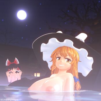 2girls 3d absurdres artist_name bare_shoulders blonde_hair blush bow commentary english_commentary frilled_bow frilled_hair_tubes frills full_moon hair_bow hair_tubes hakurei_reimu hat hat_bow highres kirisame_marisa long_hair luminaryofages moon multiple_girls night nipples nude onsen open_mouth outdoors red_eyes short_hair touhou water white_bow yellow_eyes