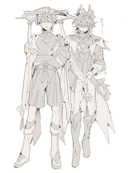 2boys belt blunt_ends bodysuit boots bow bridal_gauntlets cape chest_jewel closed_eyes closed_mouth coat coattails crossed_arms crossed_bangs dragon_boy dragon_horns dragon_tail facing_viewer full_body furisode gem genshin_impact gloves hair_between_eyes hand_on_own_arm hat heart-shaped_gem horns japanese_clothes jingasa kimono knee_boots leg_warmers long_sleeves looking_down mandarin_collar mini_durin_(genshin_impact) mini_durin_(human)_(genshin_impact) multiple_boys okktru open_clothes open_coat open_kimono pants rope sandals scaramouche_(genshin_impact) sepia short_sleeves shorts shoulder_peek tail tassel translation_request vest vision_(genshin_impact) wanderer_(genshin_impact) white_background wispy_bangs zouri