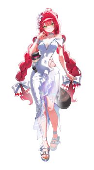 1girl :3 absurdres ahoge alternate_costume blunt_bangs bow braid breasts cleavage commentary covered_navel domi_(hongsung0819) dress flower frills full_body green_eyes hair_flower hair_ornament hat high_heel_sandals highres kamanosuke_(zenless_zone_zero) long_hair off_shoulder raccoon red_hair sandals sleeveless spaghetti_strap strap twin_braids ukinami_yuzuha very_long_hair white_background white_dress zenless_zone_zero