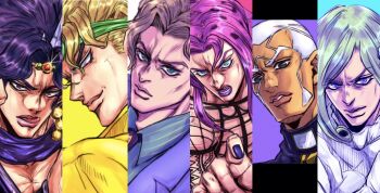 6+boys battle_tendency black_eyes black_nails blonde_hair blue_eyes buzz_cut collared_shirt commentary commentary_request curly_hair dark-skinned_male dark_skin diamond_wa_kudakenai diavolo dio_brando enrico_pucci facial_hair formal_clothes funny_valentine green_hair green_headband headband high_collar highres jacket jojo_no_kimyou_na_bouken kars_(jojo) kira_yoshikage long_hair looking_at_viewer multiple_boys parted_lips pink_hair pointing pointing_at_viewer purple_eyes purple_hair ruushii_(lucy_steel6969) shirt short_hair stardust_crusaders steel_ball_run stone_ocean striped_clothes striped_shirt suit teeth tiara vento_aureo very_short_hair white_hair yellow_jacket