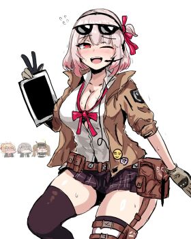 Rule 34 | black thighhighs, breasts, cosplay, geist43195783, gentiane (girls' frontline), girls' frontline, girls' frontline 2: exilium, gloves, highres, kalina (girls' frontline), large breasts, lenna (girls' frontline 2), leva (girls' frontline 2), looking at viewer, miniskirt, one eye closed, pink hair, shirt, skirt, sunglasses, thick thighs, thighhighs, thighs, ump45 (girls' frontline), ump9 (girls' frontline), v, white shirt, zettai ryouiki