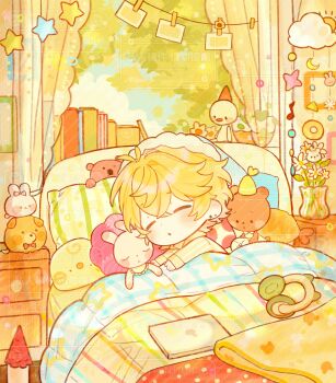 1boy bai_yang_zi bedroom blonde_hair blue_hat blush chibi chibi_only closed_eyes computer day hat headphones highres indoors laptop long_sleeves lying male_focus nightcap on_bed on_side original pajamas parted_lips plant potted_plant shirt short_hair sleeping solo striped_clothes striped_shirt stuffed_animal stuffed_rabbit stuffed_toy under_covers vase yellow_shirt