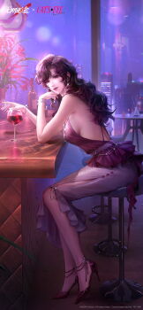 Rule 34 | 1girl, absurdres, alcohol, backless shirt, bar (place), bar stool, black eyes, black hair, blue sky, bottle, bracelet, breasts, building, cat's eye, chinese commentary, city lights, closed mouth, commentary request, copyright name, copyright notice, counter, cup, curly hair, drinking glass, earrings, flower, from side, full body, grey skirt, high heels, highres, indoors, jewelry, kisugi rui, lipstick, logo, long hair, looking at viewer, makeup, medium skirt, mole, mole under mouth, night, official art, official wallpaper, path to nowhere, plant, potted plant, purple shirt, red flower, red lips, red shoes, round table, shirt, shoes, sideboob, sitting, skirt, sky, sleeveless, sleeveless shirt, solo, stiletto heels, stool, table, turning head, vase, wine, wine bottle, wine glass