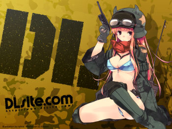 1girl between_breasts bikini blue_bikini boots breasts cleavage coat dille_blood dlsite.com female_focus goggles gun handgun helmet highres mauser_c96 pistol refeia semi-automatic_pistol solo swimsuit thigh_boots thighhighs underboob weapon
