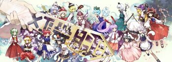 Rule 34 | 6+girls, absurdres, animal ears, apron, ascot, back bow, bird ears, bird wings, black hair, black hairband, black hat, black skirt, black vest, blonde hair, blue dress, blue eyes, blue hair, bow, bow (music), braid, broom, broom riding, brown dress, brown eyes, brown hair, brown hat, carrot necklace, cherry blossoms, cirno, coin, coin on string, collared shirt, commentary request, crescent, crescent hat ornament, detached sleeves, dress, fingernails, floppy ears, flower, frilled bow, frilled hair tubes, frilled hat, frills, giant, giantess, gohei, green bow, green hair, green nails, green skirt, green vest, grey hair, hair bobbles, hair bow, hair ornament, hair tubes, hairband, hakurei reimu, hat, hat bow, hat ornament, hauchiwa, highres, hitodama, hitodama print, holding, holding gohei, holding scythe, holding sword, holding umbrella, holding weapon, ice, ice wings, inaba tewi, instrument, izayoi sakuya, jewelry, kaigen 1025, katana, kazami yuuka, keyboard (instrument), kirisame marisa, konpaku youmu, konpaku youmu (ghost), long fingernails, long hair, long sleeves, lunasa prismriver, lyrica prismriver, maid, maid headdress, medicine melancholy, medium hair, merlin prismriver, multiple girls, mystia lorelei, necklace, necktie, obi, obidome, onozuka komachi, open clothes, open mouth, open vest, parasol, pendant, phantasmagoria of flower view, pinafore dress, pink dress, pink flower, pink hat, pink skirt, plaid clothes, plaid skirt, plaid vest, puffy short sleeves, puffy sleeves, purple bow, purple hair, rabbit ears, rabbit girl, rabbit tail, red bow, red eyes, red hair, red hat, red necktie, red skirt, red vest, reisen udongein inaba, ribbon-trimmed dress, ribbon-trimmed shirt, ribbon-trimmed skirt, ribbon-trimmed sleeves, ribbon trim, rod of remorse, sash, scythe, shameimaru aya, sharp fingernails, sheath, sheathed, shiki eiki, shirt, short sleeves, siblings, side braid, single braid, sisters, skirt, skirt set, sleeveless, sleeveless dress, smile, star (symbol), star hat ornament, su-san, sword, tail, tokin hat, touhou, trumpet, twin braids, two side up, umbrella, vest, violin, waist apron, weapon, white apron, white bow, white shirt, winged hat, wings, witch hat, yellow ascot, yellow eyes