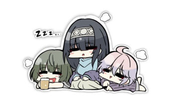3girls :&gt; :o ahoge alcohol anastasia_(idolmaster) beer beer_mug black_hair blue_shirt brown_hair brown_shirt brown_skirt chibi closed_eyes cup drooling green_hair grey_hairband grey_skirt hair_between_eyes hairband idolmaster idolmaster_cinderella_girls kawamochi_(kawauti919) long_hair mole mole_under_eye mouth_drool mug multiple_girls outline parted_lips purple_sweater ribbed_sweater sagisawa_fumika shawl shirt simple_background skirt sleeping smile sweater takagaki_kaede triangle_mouth very_long_hair white_background white_outline zzz