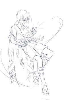 Rule 34 | 1boy, armor, arms at sides, belt, blunt ends, bodysuit, bow, bridal gauntlets, chun neh, closed eyes, clothing cutout, facing down, full body, furisode, genshin impact, greyscale, hashtag-only commentary, highres, hip vent, japanese armor, japanese clothes, juban, kimono, kote, layered sleeves, leg warmers, male focus, mandarin collar, monochrome, no mouth, open clothes, open hands, open kimono, rope, sandals, sash, scaramouche (genshin impact), short sleeves, shorts, shoulder peek, sketch, solo, spoilers, stirrup legwear, tassel, toeless legwear, wanderer (genshin impact), white background, wind, zouri