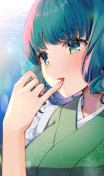 1girl applying_lipstick applying_makeup ari_don blue_eyes blue_hair blush commentary_request finger_to_mouth fins frills from_side green_kimono head_fins highres japanese_clothes kimono lipstick makeup medium_hair mermaid monster_girl parted_lips red_lips solo touhou underwater upper_body wakasagihime water watermark