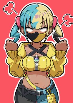 1girl absurdres angry bandeau belt black_belt blue_eyes blush breasts canari_(pokemon) clenched_hands collarbone commentary cowboy_shot eyelashes hands_up highres hood hood_down hooded_jacket jacket jiji_tsubua leaning_forward long_sleeves looking_at_viewer mask mouth_mask multicolored_hair nail_polish navel nintendo open_clothes open_jacket pants pokemon pokemon_legends:_z-a puff_of_air red_background simple_background sleeves_past_wrists solo twintails yellow_bandeau yellow_jacket zipper zipper_pull_tab