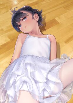 1girl aoi_kumiko athletic_leotard ballerina ballet ballet_class_clothes black_hair braid commentary_request covered_erect_nipples crown_braid flat_chest grey_eyes highres layered_skirt leotard leotard_peek loli looking_at_viewer on_floor original pantyhose pink_pantyhose skirt sleeveless solo tutu upskirt white_leotard white_skirt wooden_floor
