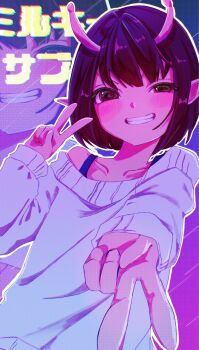 Rule 34 | 1girl, alien, antennae, barusamiko su3, black hair, collarbone, commentary, double v, grin, highres, kujo chiharu, looking at viewer, milky subway, pointy ears, short hair, smile, solo, sweater, v, white sweater, zoom layer